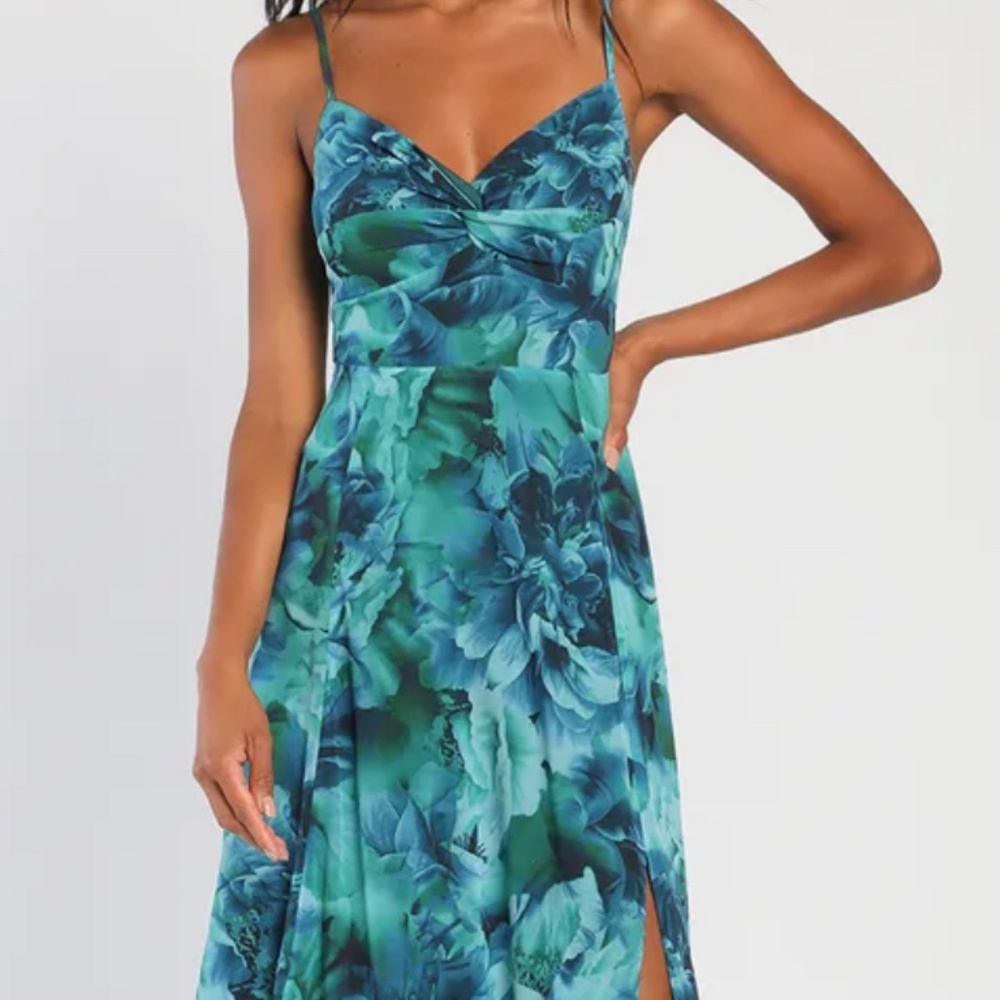 Lulus’s Beautiful Soul Teal Green Floral Print Twist-Front Maxi Dress